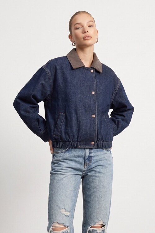 Yakası Deri Denim Ceket