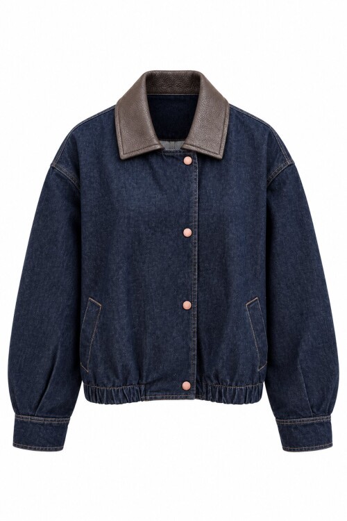 Yakası Deri Denim Ceket