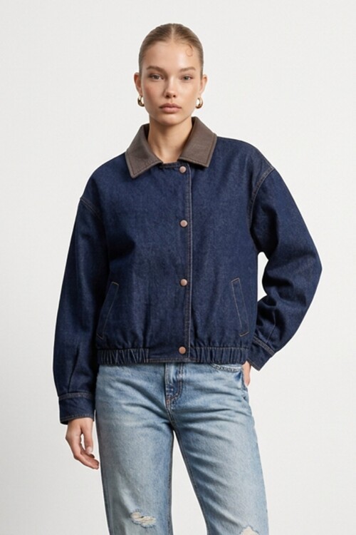 Yakası Deri Denim Ceket