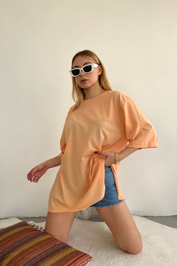 Somon Bisiklet Yaka Duble Kol Oversize Pamuklu Basic T Shirt