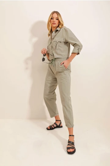 Yıkamalı Paraşüt Kumaş Safari Ceket Ve Cepli Bol Pantolon Takım