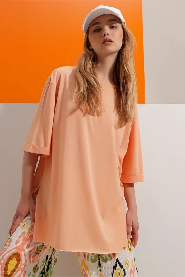 Somon Bisiklet Yaka Duble Kol Oversize Pamuklu Basic T Shirt