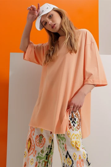 Somon Bisiklet Yaka Duble Kol Oversize Pamuklu Basic T Shirt