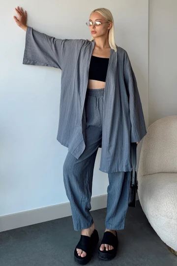 Şal Yaka Kimono ve Yüksek Bel Şalvar Krinkıl Takım