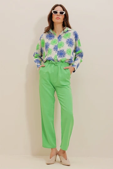 Yeşil Beli Kendinden Kemerli Keten Pantolon