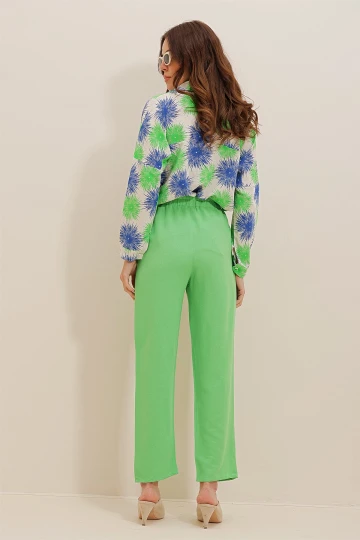 Yeşil Beli Kendinden Kemerli Keten Pantolon