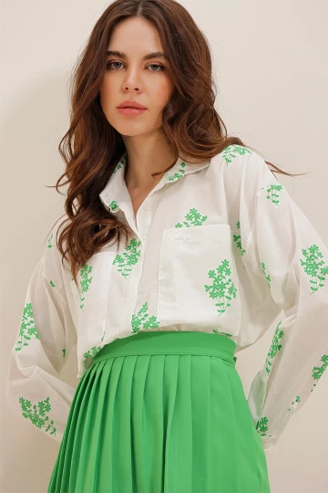 Yeşil Çiçek Desenli Oversize Dokuma Gömlek