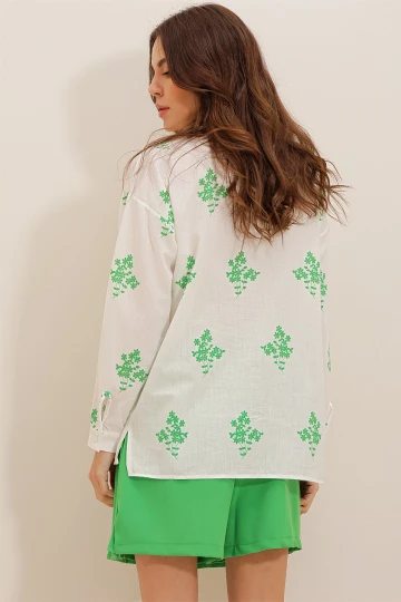 Yeşil Çiçek Desenli Oversize Dokuma Gömlek
