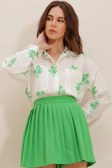 Yeşil Çiçek Desenli Oversize Dokuma Gömlek