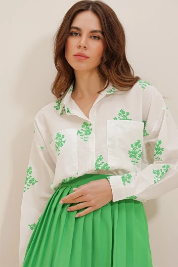 Yeşil Çiçek Desenli Oversize Dokuma Gömlek