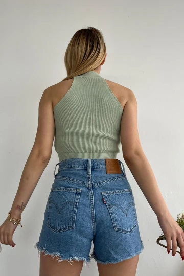 Yeşil Dik Yaka Halter Triko Bluz