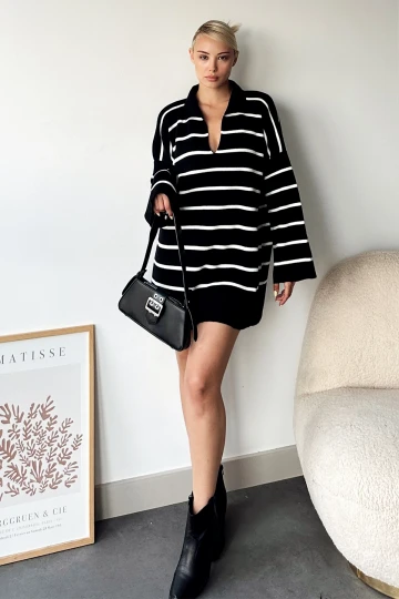 Siyah Polo Yaka Çizgili Uzun Oversize Kalın Triko Kazak