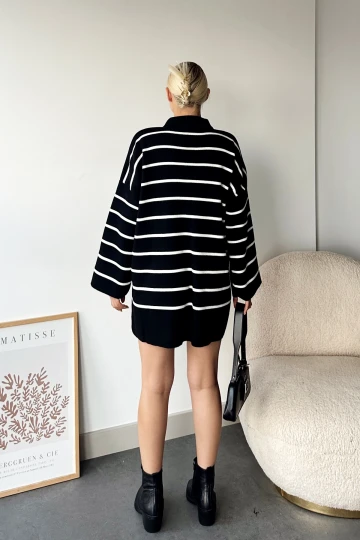 Siyah Polo Yaka Çizgili Uzun Oversize Kalın Triko Kazak