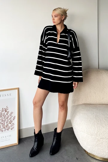 Siyah Polo Yaka Çizgili Uzun Oversize Kalın Triko Kazak