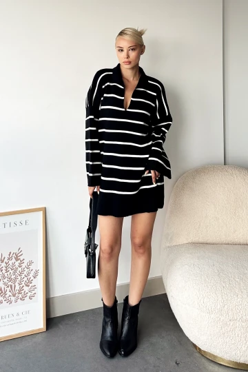 Siyah Polo Yaka Çizgili Uzun Oversize Kalın Triko Kazak