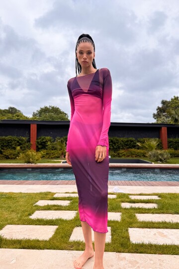 Batik Desenli Astarsız Arkası Yırtmaçlı Tül Plaj Elbisesi
