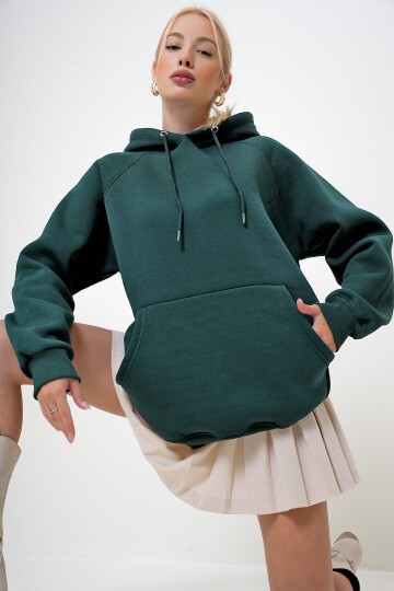 Kapüşonlu Üç İplik İçi Şardonlu Kanguru Cepli Oversize Sweatshirt