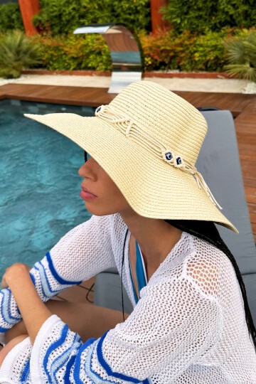 Nazar Boncuklu Hasır Plaj Şapkası