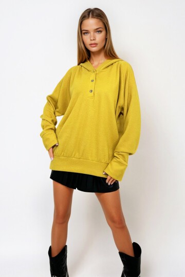 Kapüşonlu Çıtçıt Kapamalı 3 İplik İçi Şardonlu Oversize Sweatshirt