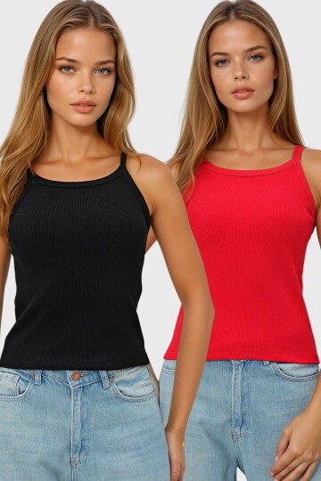 2Li Paket  İp Askılı Halter Yaka Kaşkorse Atlet
