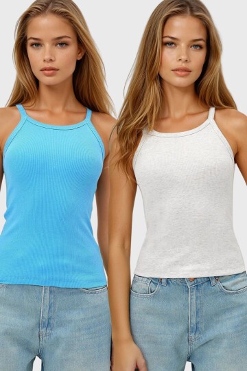 2Li Paket  İp Askılı Halter Yaka Kaşkorse Atlet