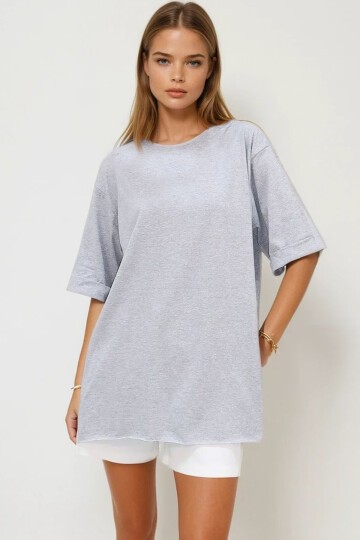 Bisiklet Yaka Duble Kol Oversize Pamuklu Basic T-Shirt