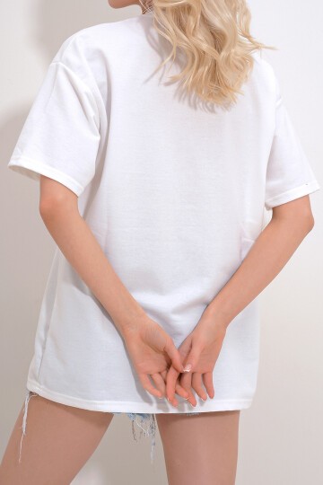 Bisiklet Yaka Önü Baskılı 2 İplik Oversize T-Shirt