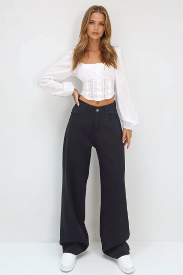 Yüksek Bel Beş Cepli Wide Leg Yazlık Gabardin Pantolon