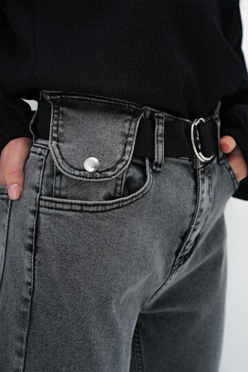 Yüksek Bel Cep Detaylı Kemerli Jean Pantolon