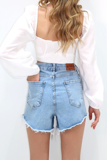Açık Mavi 5 Cepli Yıpratmalı Taşlanmış Jean Mini Şort