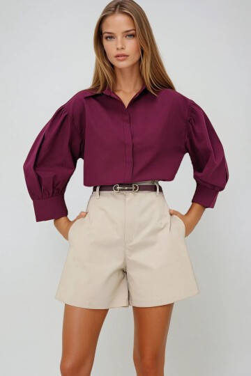 Bordo Balon Kol Gizli Patlı Basic Poplin Gömlek