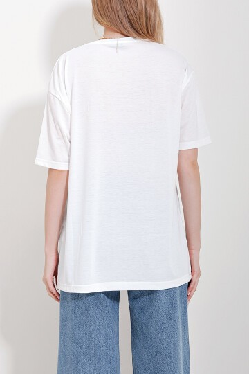 Bisiklet Yaka Baskılı Oversize Pamuklu T-Shirt