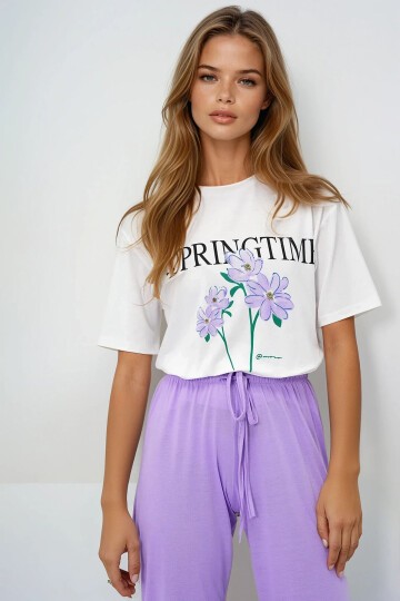 Bisiklet Yaka Baskılı T-Shirt Ve Düz Renk Pantolonlu Pijama Takımı
