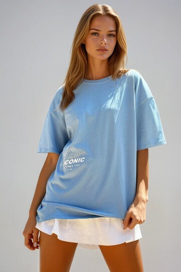 Bisiklet Yaka Ön Ve Sırt İconic Baskılı Oversize T-Shirt