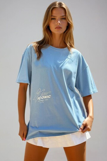 Bisiklet Yaka Ön Ve Sırt İconic Baskılı Oversize T-Shirt