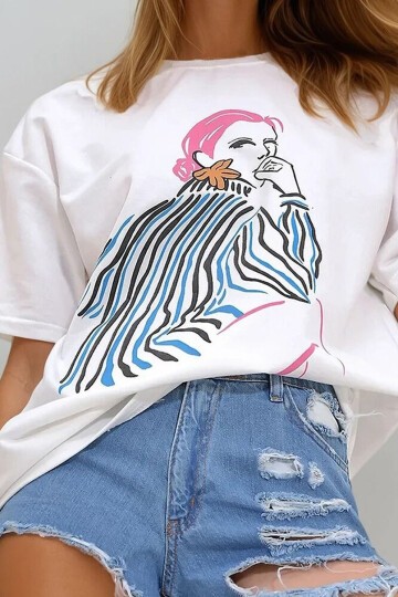 Bisiklet Yaka Önü Baskılı 2 İplik Oversize T-Shirt