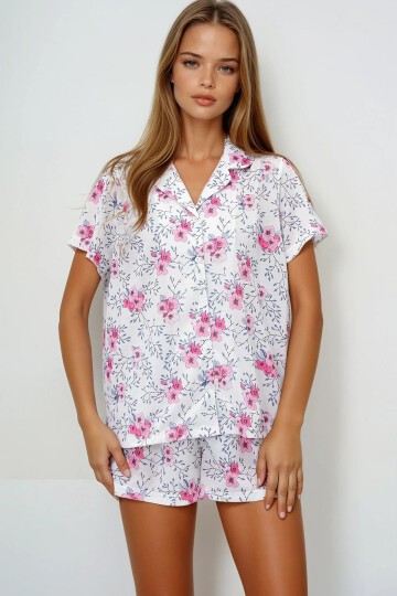Çiçek Desenli Örme Pamuklu Gömlek Ve Şort Pijama Takımı