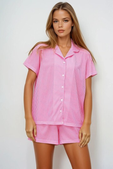 Çizgi Desenli Örme Pamuklu Gömlek Ve Şort Pijama Takımı