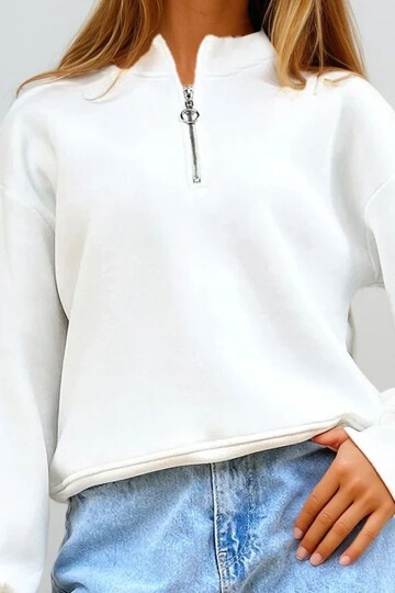 Dik Yaka Fermuarlı İçi Şardonlu 3 İplik Crop Sweatshirt