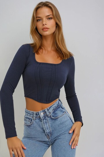 Lacivert Kare Yaka Önü Dikişli Crop Bluz