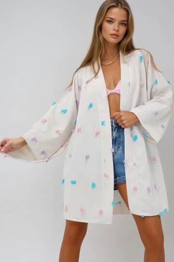 Lila Keten Görünümlü Püskül Detaylı Beli Kuşaklı Kimono Ceket