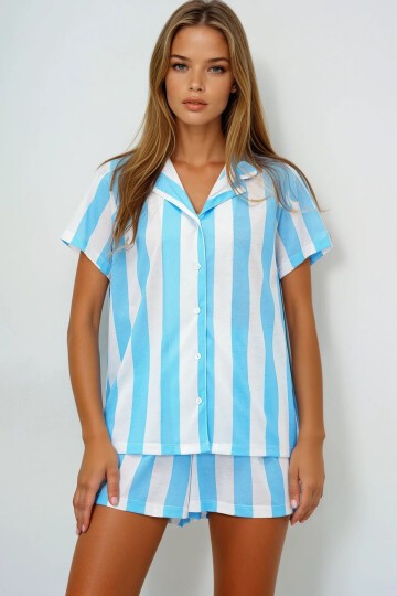 Şerit Desenli Örme Pamuklu Gömlek Ve Şort Pijama Takımı