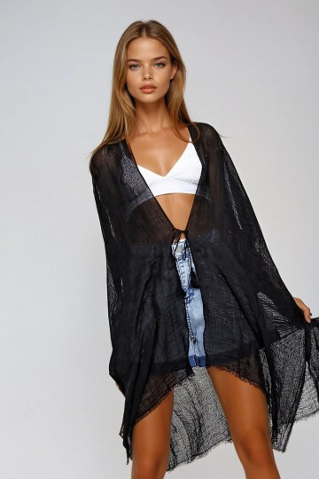 Siyah Oversize Pamuklu Kimono
