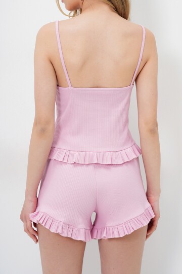 Beli Ve Paçası Fırfır Detaylı Askılı Crop Bluz Ve Şortlu Pijama Takımı