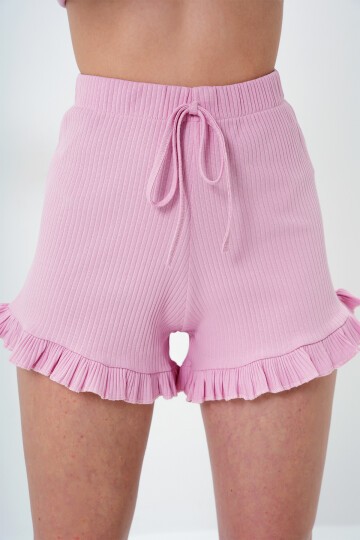Beli Ve Paçası Fırfır Detaylı Askılı Crop Bluz Ve Şortlu Pijama Takımı