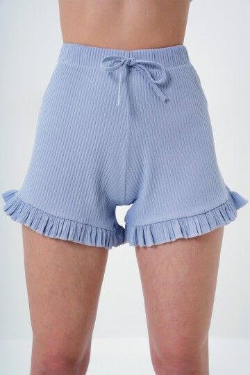 Bebe Mavi Beli Ve Paçası Fırfır Detaylı Askılı Crop Bluz Ve Şortlu Pijama Takımı