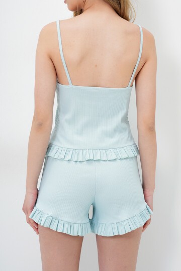 Beli Ve Paçası Fırfır Detaylı Askılı Crop Bluz Ve Şortlu Pijama Takımı