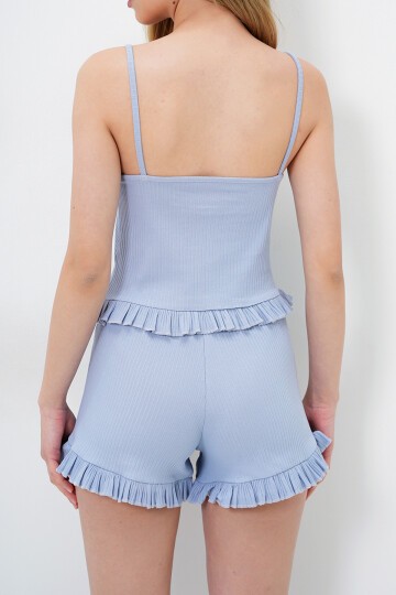 Bebe Mavi Beli Ve Paçası Fırfır Detaylı Askılı Crop Bluz Ve Şortlu Pijama Takımı