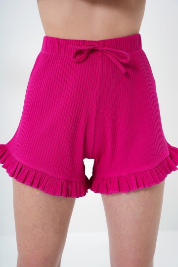 Fuşya Beli Ve Paçası Fırfır Detaylı Askılı Crop Bluz Ve Şortlu Pijama Takımı