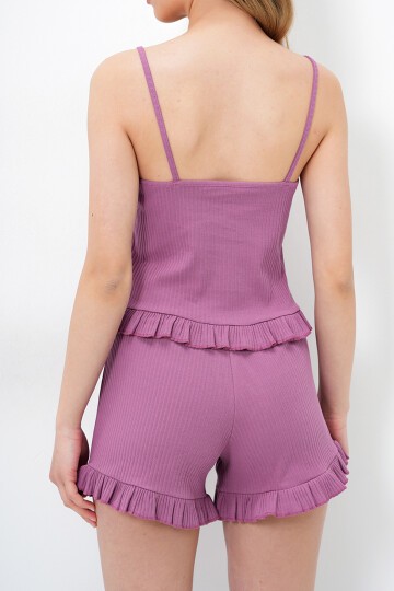 Beli Ve Paçası Fırfır Detaylı Askılı Crop Bluz Ve Şortlu Pijama Takımı